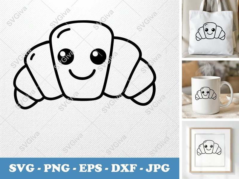 Croissant with Smiling Face SVG | Puffy Cartoon DXF, PNG, EPS | Cricut | Pillow-Soft Cut File