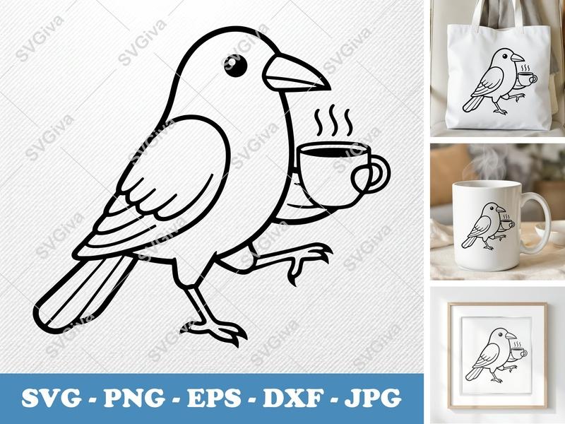 Crow Coffee SVG | Modern Bird Cut File | Hot Drink PNG EPS DXF for Cricut, Silhouette | Humorous Animal Vector Art