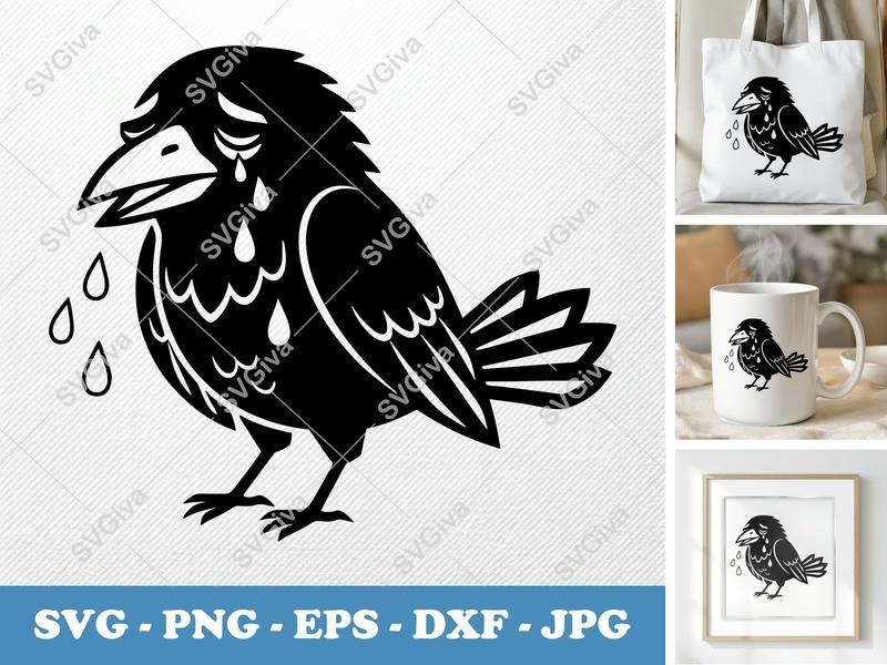 Crow Crying SVG | Double Outline Minimalist Design | PNG DXF EPS | Cricut Silhouette File