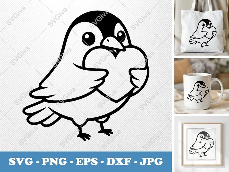 Crow Holding Heart SVG, Rounded Bean-Shaped Friendly Bird, PNG DXF EPS for Cricut & Silhouette