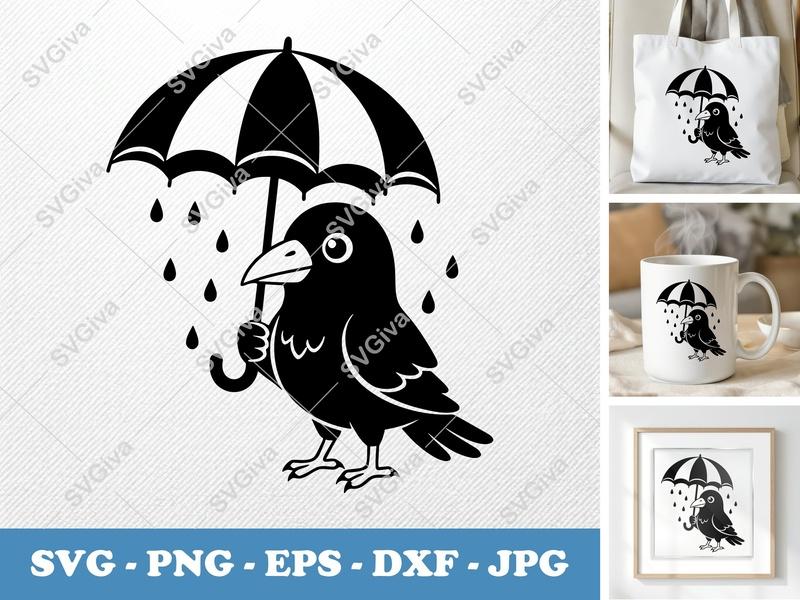 Crow holding umbrella SVG | Bold Minimalist Character | PNG DXF EPS | Cricut Silhouette Cut File