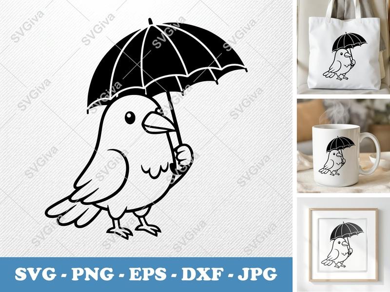 Crow Holding Umbrella SVG | Friendly Rounded Body Bean Shaped Cut File | PNG DXF EPS for Cricut Silhouette