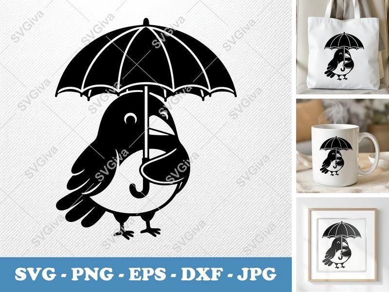 Crow Holding Umbrella SVG | Puffy Soft Shapes | Inflated Look PNG DXF EPS | Cricut Silhouette File