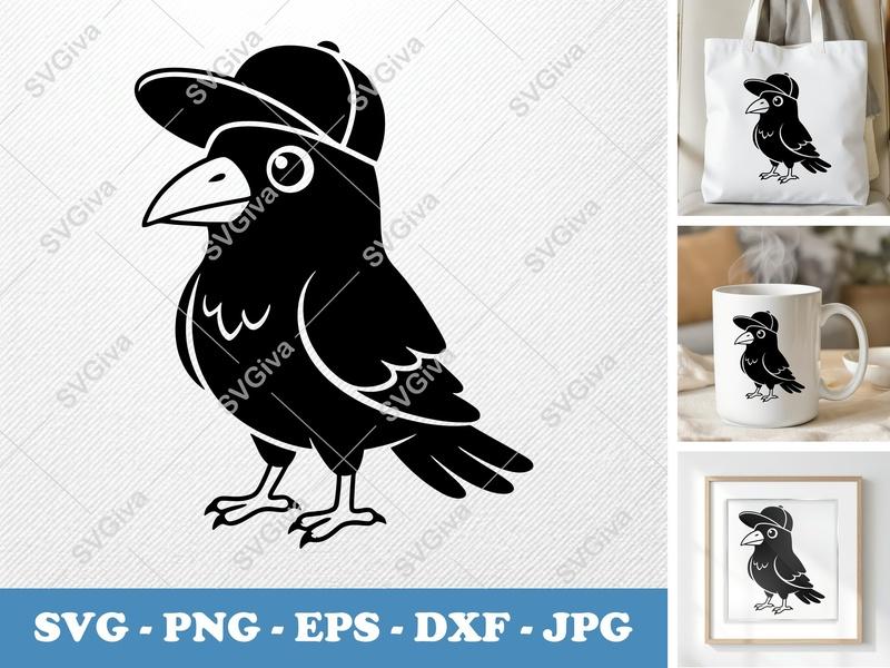 Crow in a Cap SVG | Bold Minimalist Design | PNG DXF EPS | Cricut Silhouette | Bird Digital Cut File