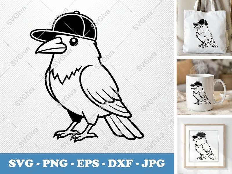 Crow in a Cap SVG | Double-Outline Minimalist Design | Thick Contour, Clean Space | PNG DXF EPS | Cricut Silhouette File