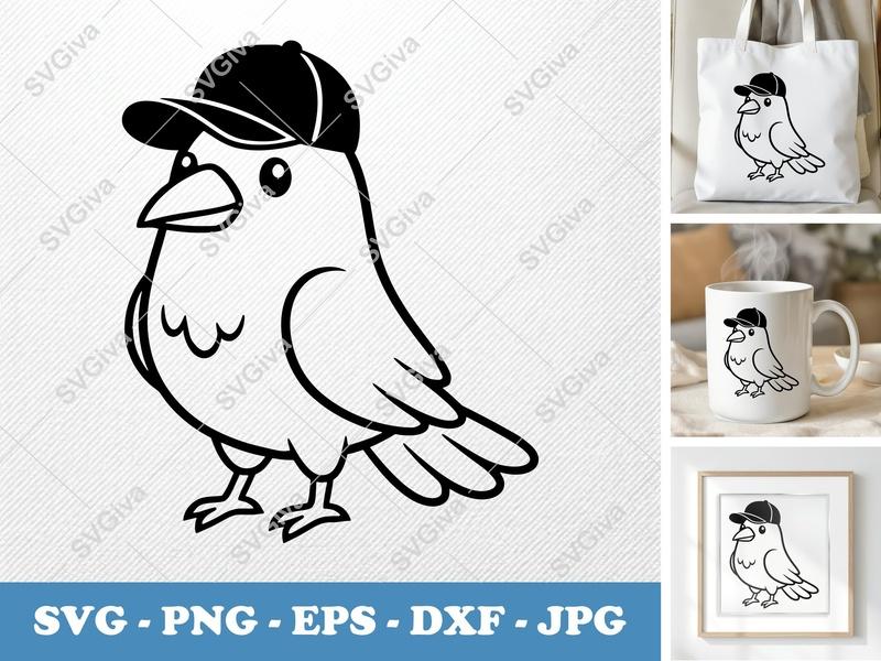 Crow in a Cap SVG | Friendly Rounded Body Bean-Shaped Cut File | PNG DXF EPS for Cricut Silhouette