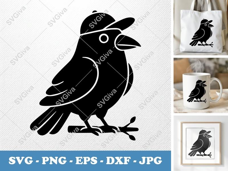 Crow in a Cap SVG | Puffy Cartoon Bird Vector | Inflated Pillow-Soft Shapes | PNG DXF EPS | Cricut Silhouette File