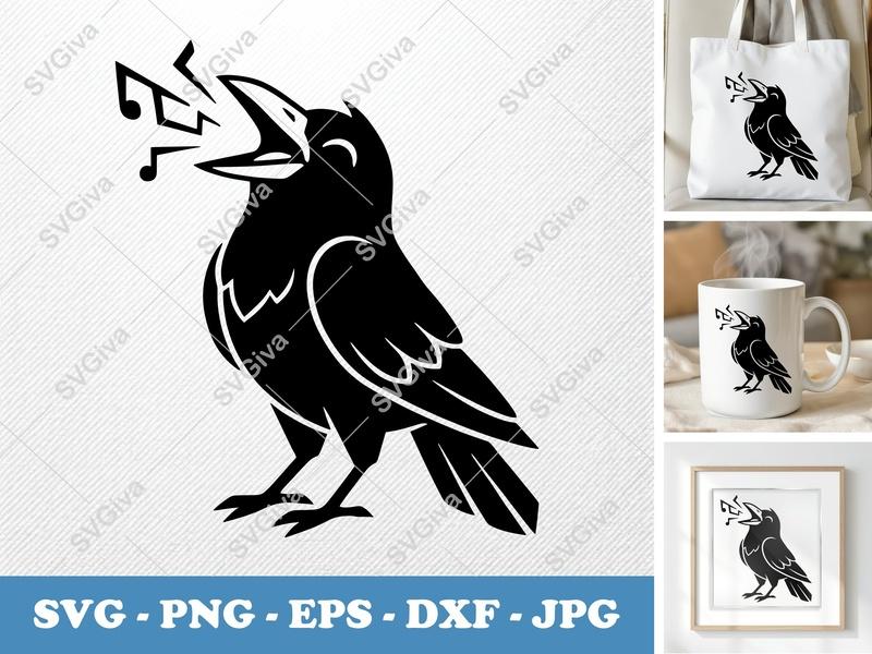 Crow Singing SVG | Double-Outline Minimalist Art | PNG DXF EPS | Cricut Silhouette Cut File