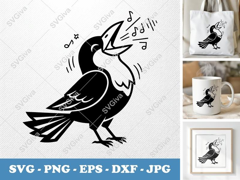 Crow Singing SVG | Double Outline, Minimalist Bird Cut File | PNG DXF EPS | Cricut Silhouette Design