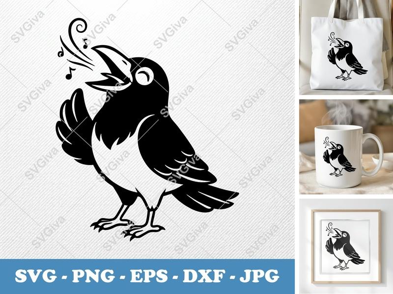 Crow Singing SVG | Friendly Rounded Bean-Shaped Cut File | PNG DXF EPS | Cricut Silhouette Design