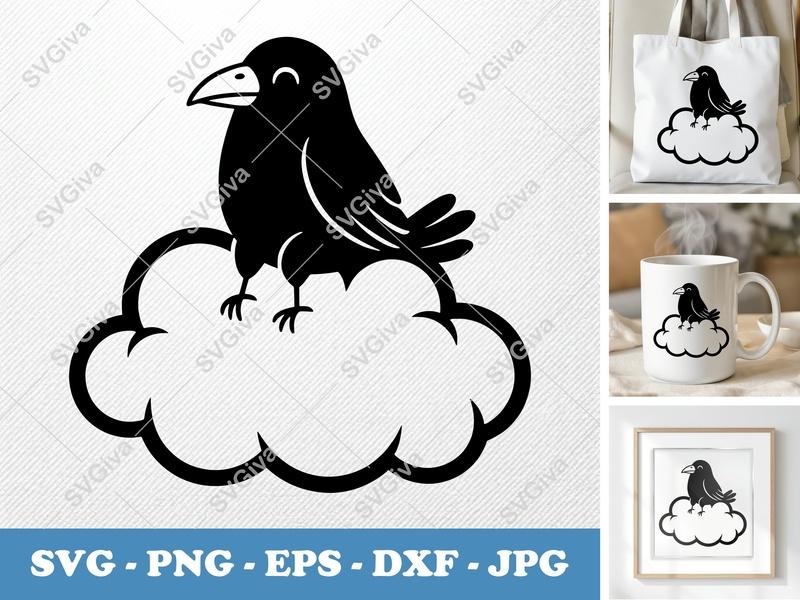 Crow Sitting on a Cloud SVG PNG DXF EPS | Friendly Bird Cut File for Cricut Silhouette | Nature Animal Design