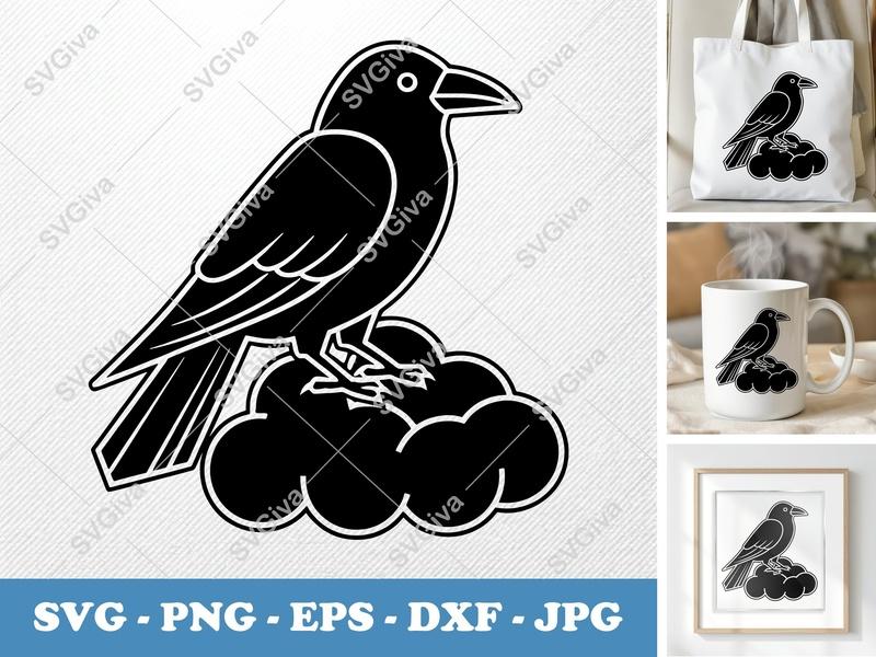 Crow Sitting on Cloud SVG | Double-Outline Minimalist Vector | Thick Outer Contour | PNG DXF EPS | Cricut Silhouette File