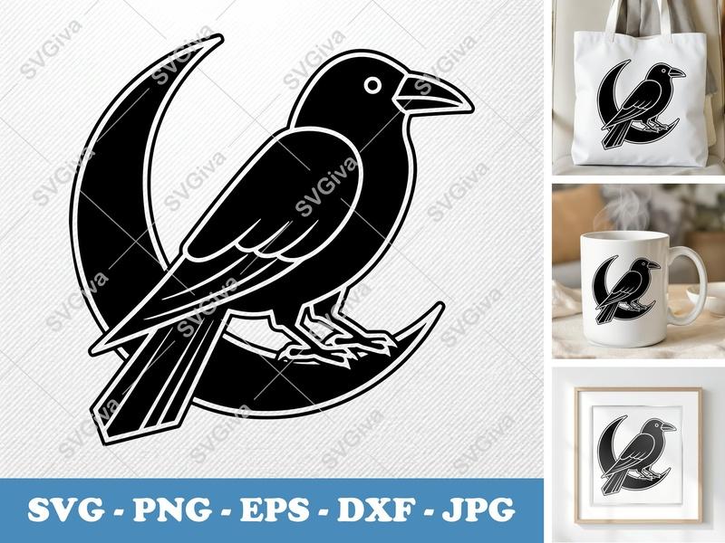 Crow Sitting on Moon SVG | Bold Outline Minimalist Design | PNG DXF EPS | Cricut Silhouette Cut File
