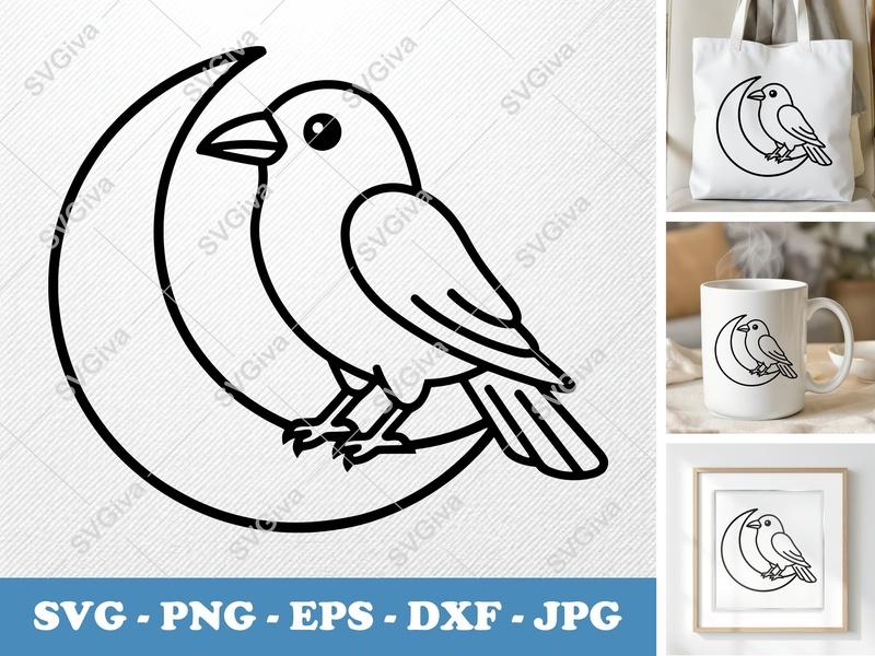 Crow Sitting on Moon SVG | Minimalist | Bold Contour | PNG DXF EPS | Cricut Silhouette File