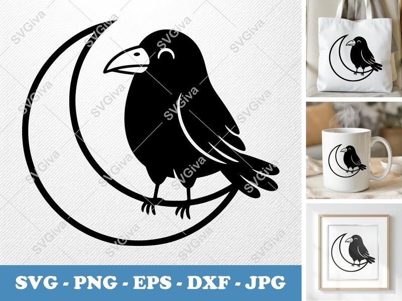 Crow Sitting on Moon SVG PNG DXF EPS | Bird Cut File Cricut Silhouette | Celestial Nursery Decor Vector Art