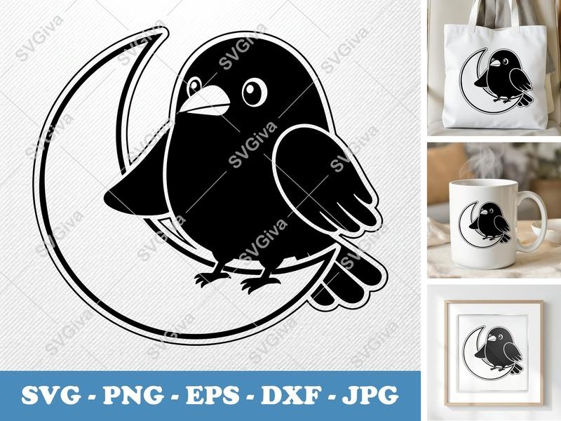 Crow Sitting on Moon SVG PNG DXF EPS | Cute Bird Cricut Silhouette Cut File Vector