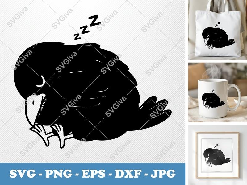 Crow Sleeping SVG | Cute Bird PNG EPS DXF for Cricut & Silhouette | Cartoon Raven Cut File, Kawaii Animal Art