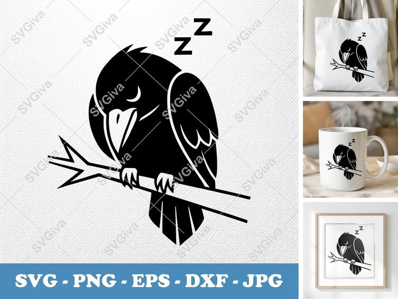 Crow sleeping SVG | Outline Minimalist Design | PNG DXF EPS | Cricut Silhouette File