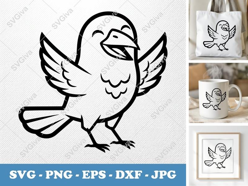 Crow Smiling Happily SVG | Double-Outline Minimalist Cut File | Thick Outer & Thin Inner Lines | Clean Space PNG DXF EPS for Cricut Silho...