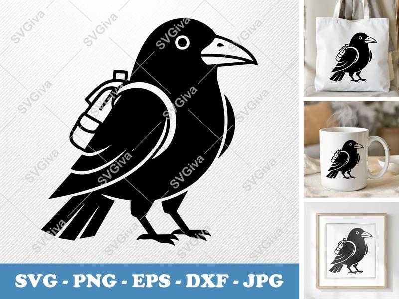 Crow SVG Backpack, Modern Bird Cut File | PNG EPS DXF for Cricut Silhouette, Animal Vector Art