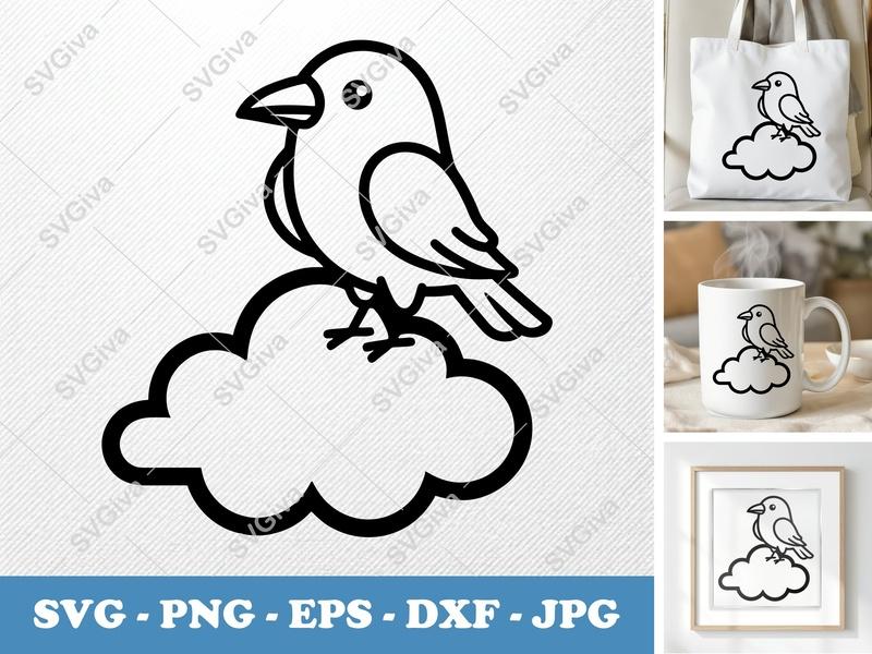 Crow SVG, Bird on Cloud Cut File, Modern Outline Design for Cricut, Silhouette | PNG EPS DXF Vector Clipart