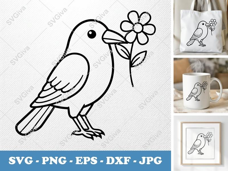 Crow SVG, Bird with Flower Cut File, Modern Design, PNG EPS DXF for Cricut | Silhouette Projects