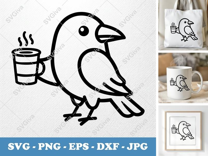 Crow SVG | Coffee Lover Cut File, Modern Clean Design, PNG EPS DXF for Cricut & Silhouette, Bird with Cup Clipart