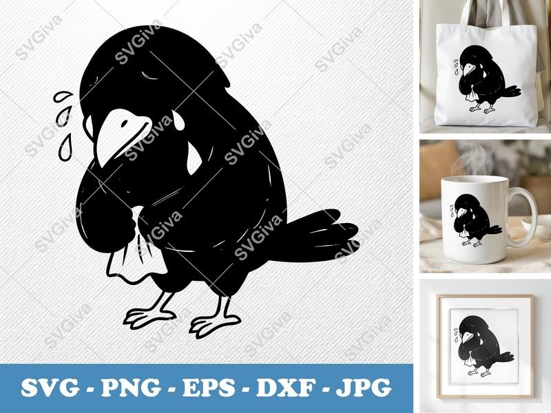 Crow SVG | Crying Sad Bird with Tissue | Cute Cartoon Raven | PNG EPS DXF for Cricut, Silhouette, Digital Download