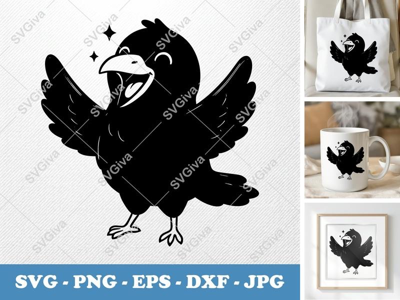 Crow SVG Happy Cartoon Bird | Cute Raven Clipart, Modern Design | PNG EPS DXF for Cricut, Silhouette