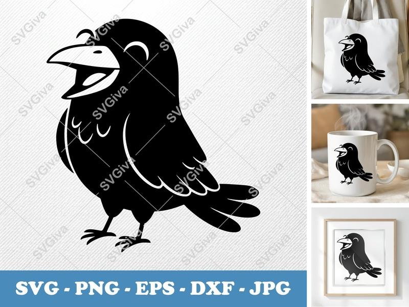 Crow SVG | Happy Cartoon Raven Cut File | Modern Bird Clipart PNG EPS DXF for Cricut & Silhouette