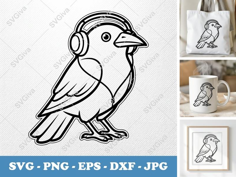 Crow SVG | Headphone Bird Cut File | Modern Animal Design | PNG EPS DXF for Cricut, Silhouette