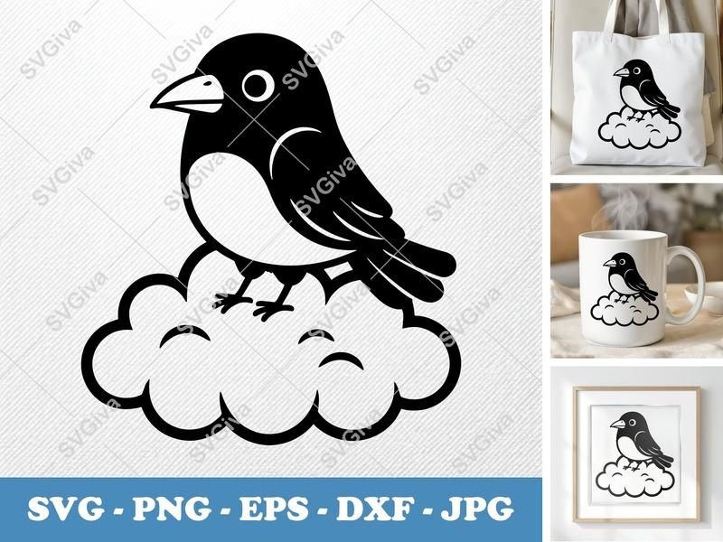 Crow SVG | Modern Bird on Cloud Cut File | PNG EPS DXF | Cricut Silhouette Design | Cartoon Animal Digital Art