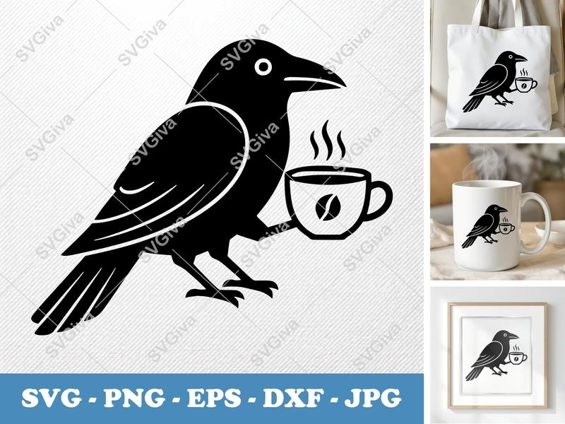 Crow SVG | Modern Coffee Bird Cut File | Cricut Silhouette | PNG EPS DXF | Raven Cafe Art, Animal Drink Design