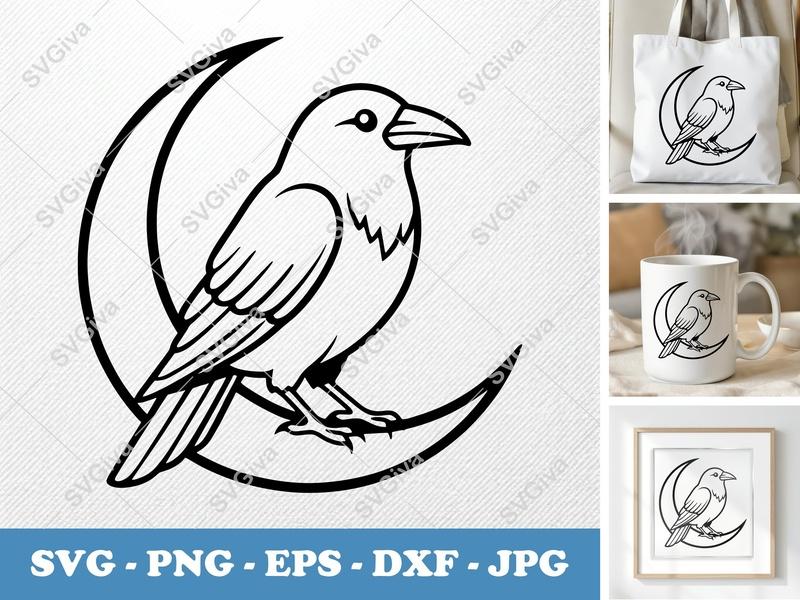Crow SVG | Modern Crescent Moon Bird Cut File | PNG EPS DXF | Cricut Silhouette Vector Art