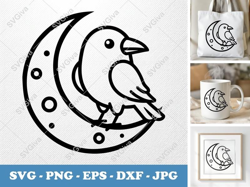 Crow SVG | Modern Moon Bird Cut File | PNG EPS DXF | Cricut Silhouette Design | Minimalist Raven Art | Celestial Animal