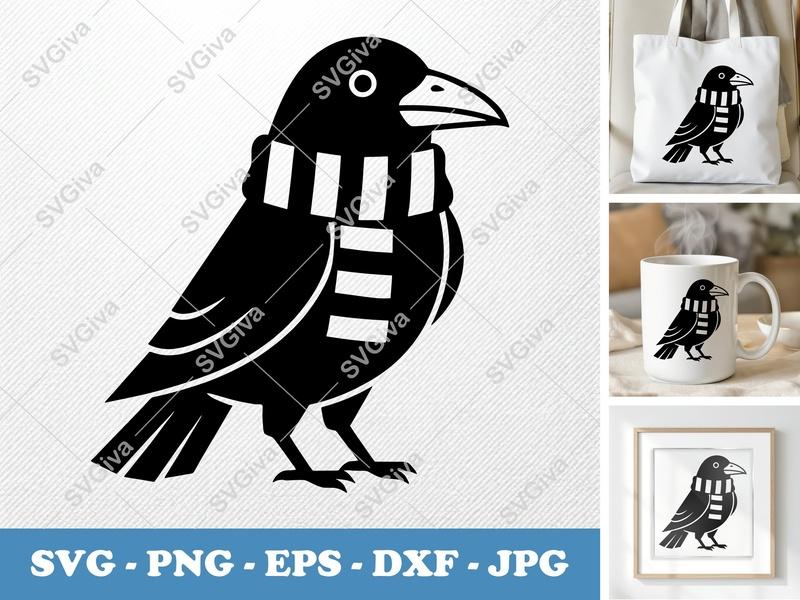 Crow SVG | Modern Scarf Bird Clipart | PNG EPS DXF for Cricut & Silhouette | Raven Cut File Winter Animal