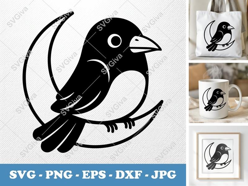 Crow SVG, Moon Bird Clipart, Modern Clean Design | PNG EPS DXF | Cricut Silhouette Cut File