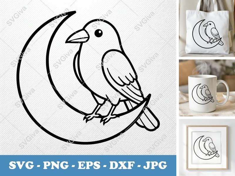 Crow SVG, Moon Bird Line Art, Modern Clean Design | PNG EPS DXF | Cricut Silhouette Cut File, Raven Vector Art