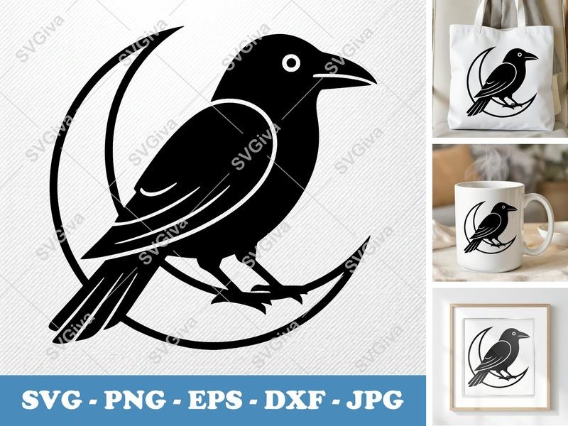 Crow SVG | Moon Raven Cut File, Modern Celestial Bird | PNG EPS DXF for Cricut, Silhouette | Halloween Decor, Witchy Art