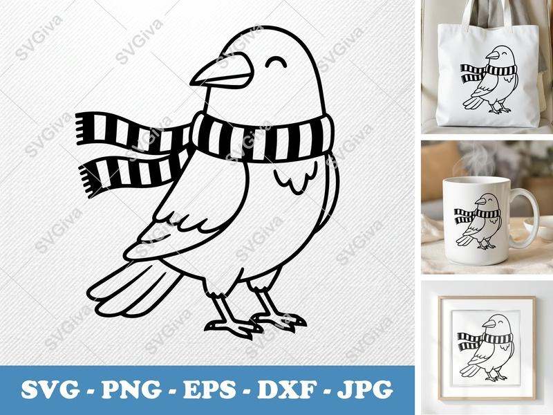 Crow SVG, Scarf Bird Cut File, Winter Raven PNG, EPS, DXF for Cricut & Silhouette, Modern Animal Clipart, Digital Download