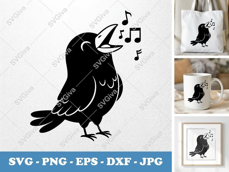Crow SVG | Singing Bird, Music Notes, Modern Clean Design | PNG EPS DXF for Cricut, Silhouette, Vinyl Decal