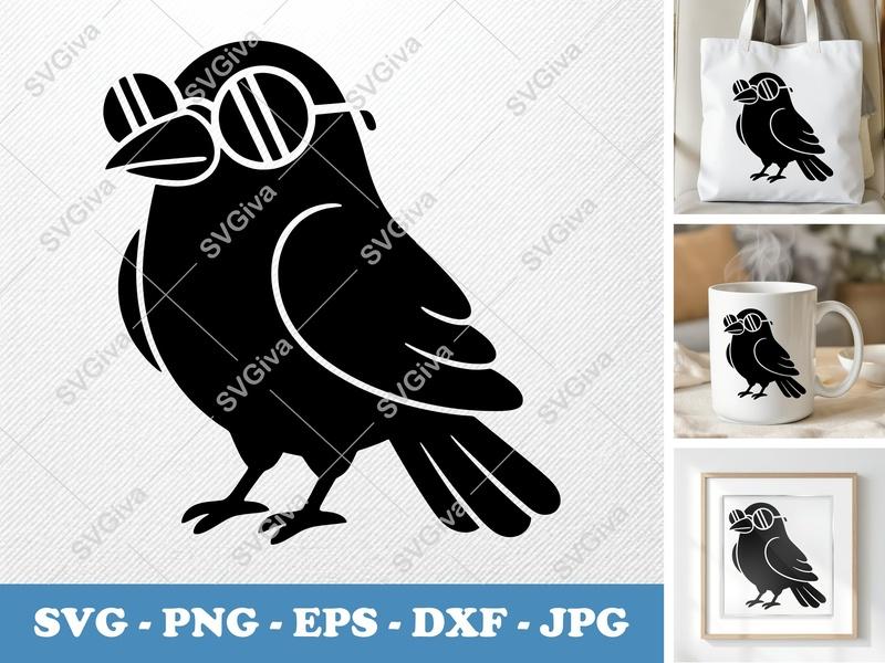 Crow SVG wearing sunglasses | Puffy Inflated Bird Cut File | SVG PNG DXF EPS for Cricut Silhouette