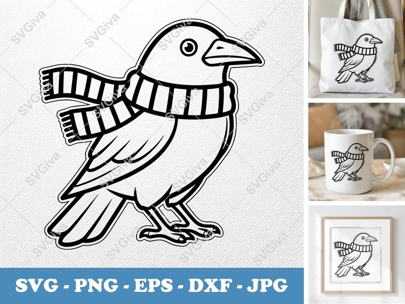 Crow SVG | Winter Scarf Design | Modern Bird Cut File for Cricut, Silhouette | PNG, EPS, DXF | Animal Vector Clipart
