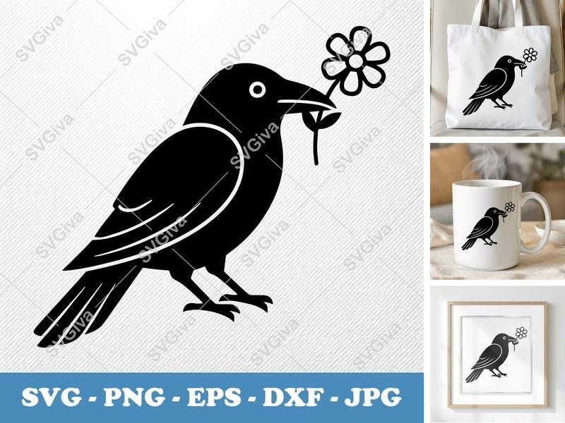 Crow SVG with Flower | Modern Black Bird Cut File | PNG, EPS, DXF for Cricut & Silhouette | Minimalist Raven Design