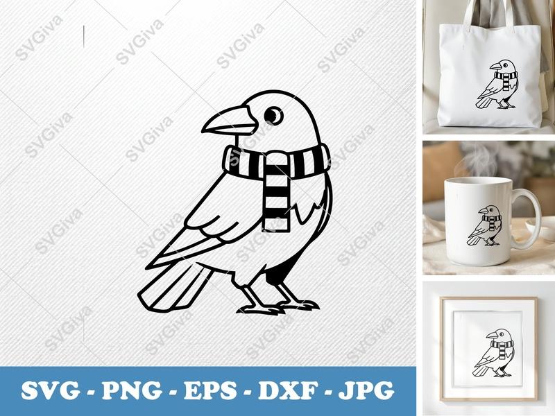 Crow Wearing a Scarf SVG | Simple Cartoon Black Contour Design | PNG DXF EPS | Cricut Silhouette File