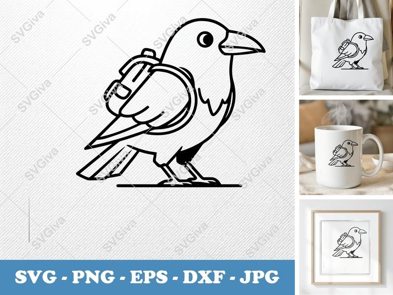 Crow wearing backpack SVG | Bold Minimalist Vector | PNG DXF EPS | Cricut Silhouette Cut File