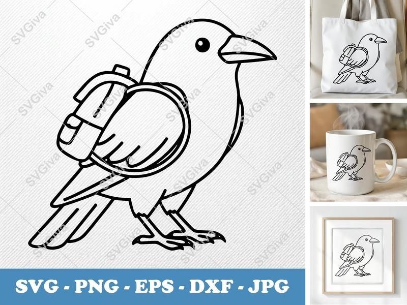Crow Wearing Backpack SVG | Double-Outline Minimalist Art | Thick Contour, Low Details | PNG DXF EPS | Cricut Silhouette