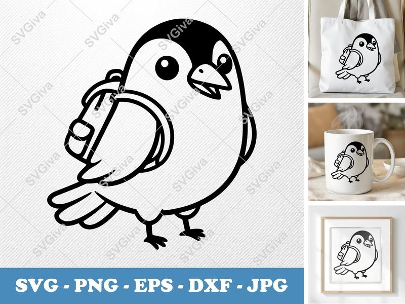 Crow wearing backpack SVG | Friendly Rounded Bean-shaped Bird | PNG, DXF, EPS | Cricut & Silhouette Cut File