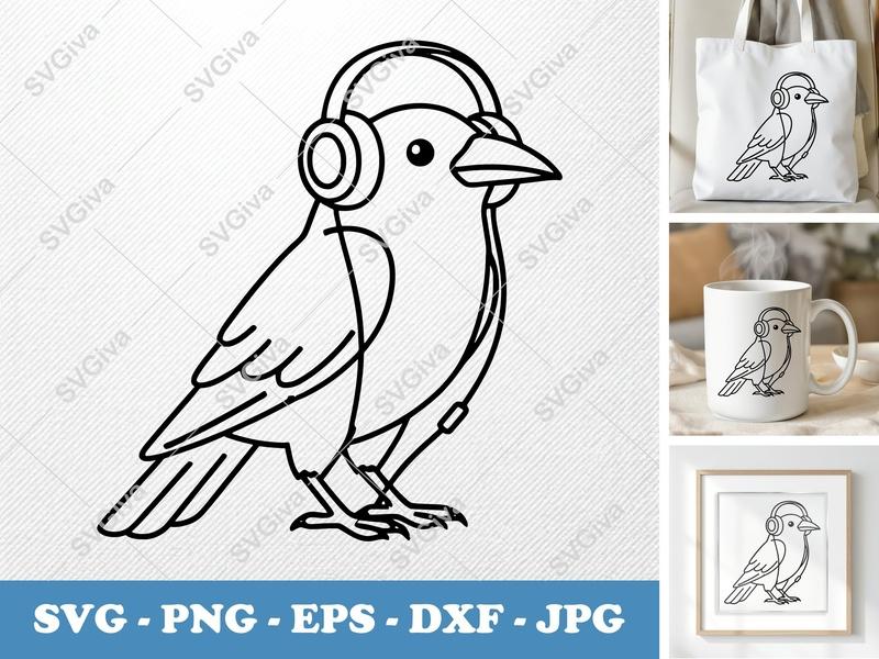 Crow Wearing Headphones SVG | Outline Art Cut File | Thick Contour Thin Lines PNG DXF EPS | Cricut Silhouette