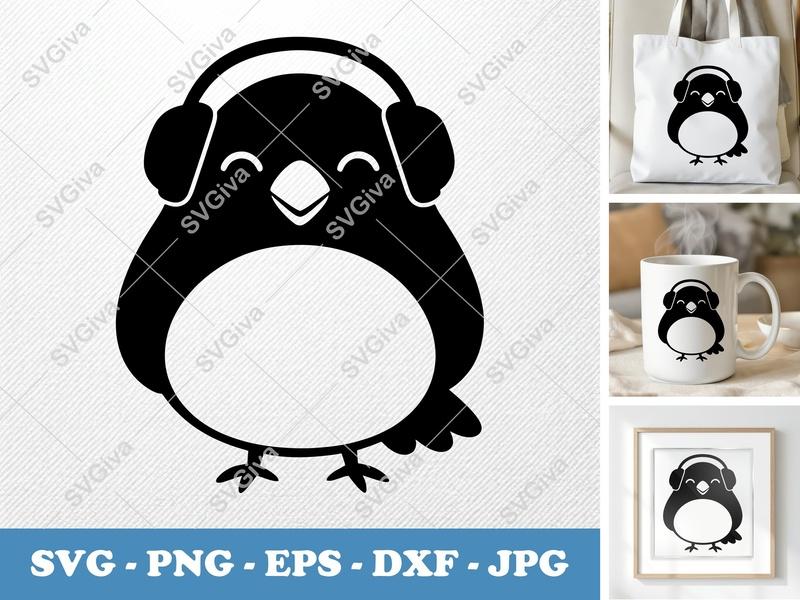Crow Wearing Headphones SVG | Puffy Soft Shapes | Inflated Pillow-Soft | PNG DXF EPS | Cricut Silhouette File